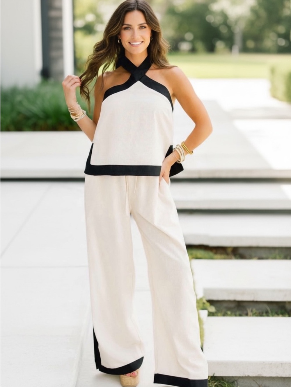 NEW Sleeveless Cross-Neck 2 Two Piece Pant Set with Black Trim - Cream - Picture 2 of 3